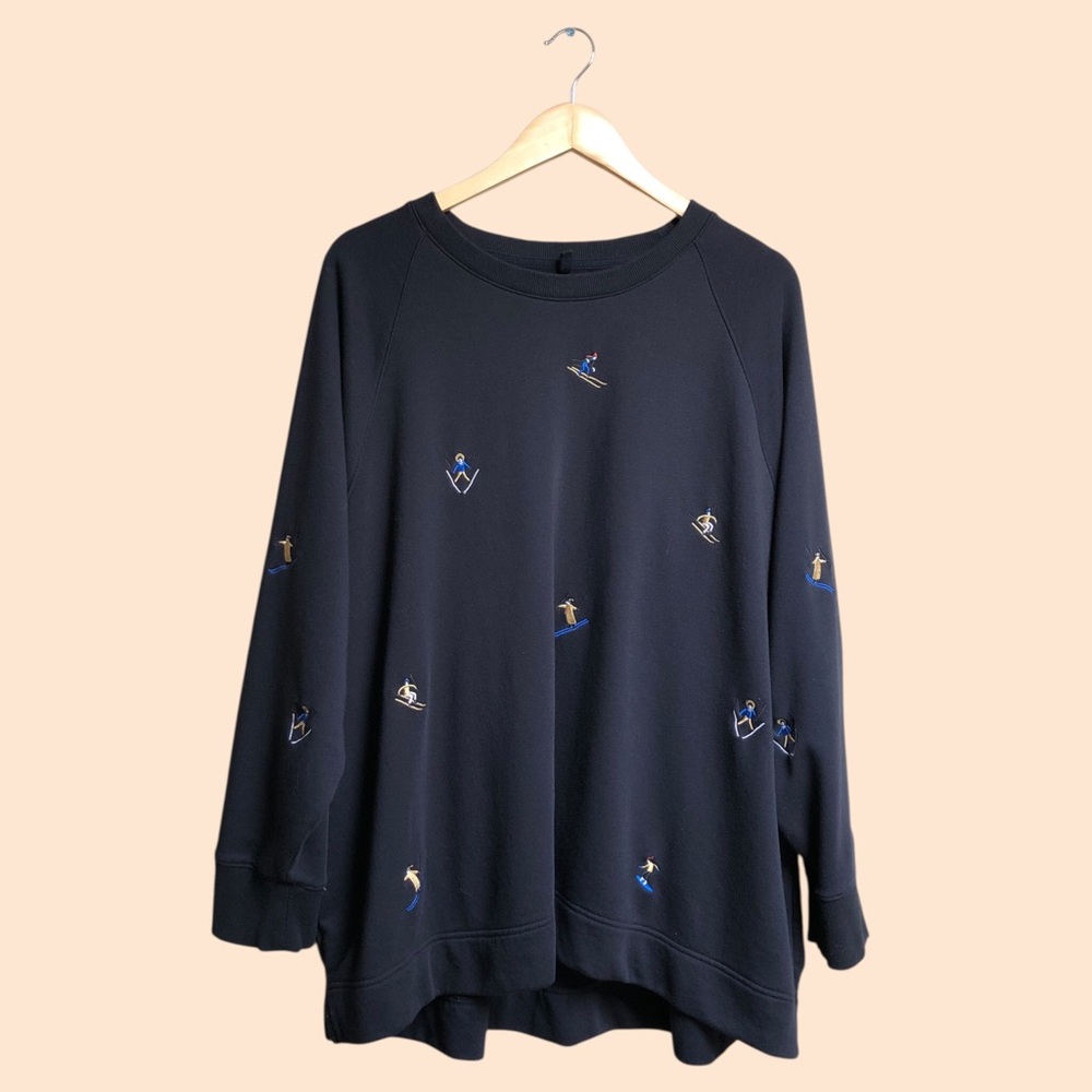 Lou & Grey for LOFT Black Crewneck Sweatshirt Embroidered Skiers Plus Size 20/22